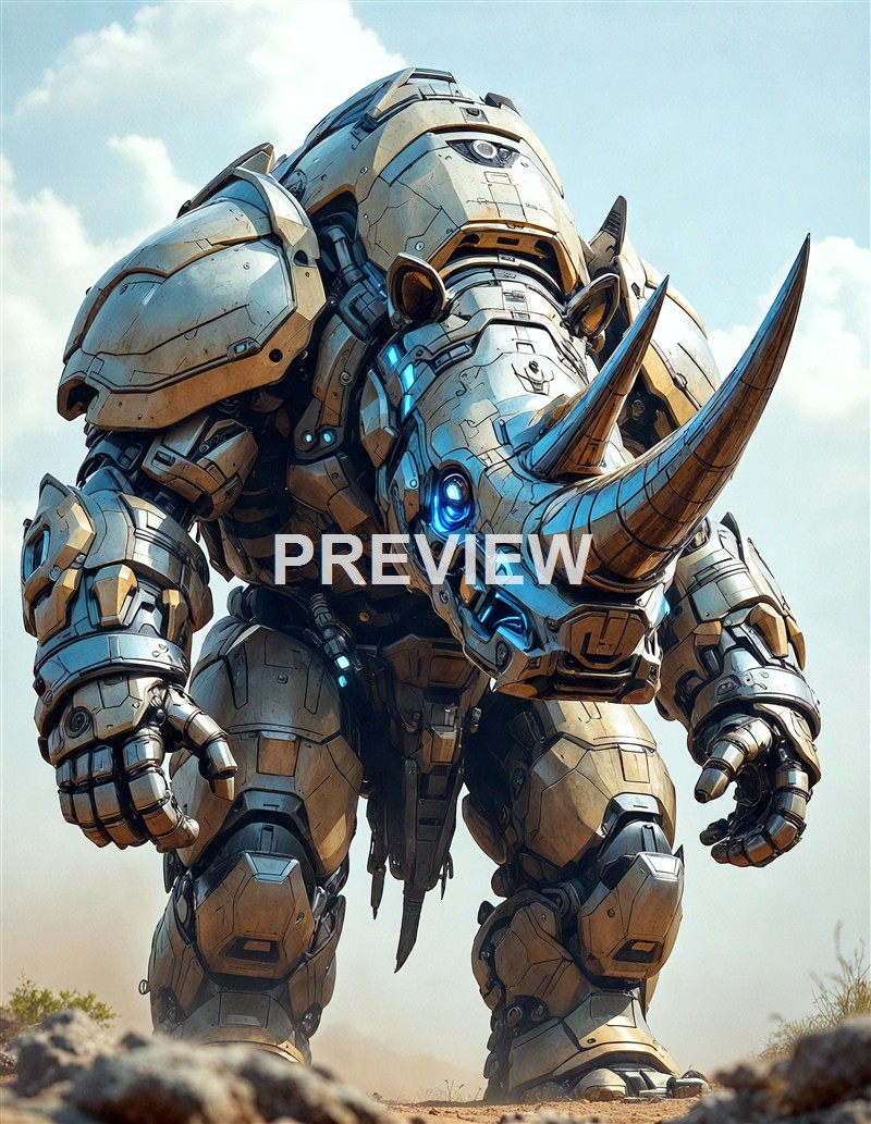 A massive, humanoid robot with a rhinoceros-like horn on its nose, detailed armor plating, and glowing blue lights, standing outdoors against a partly cloudy sky.